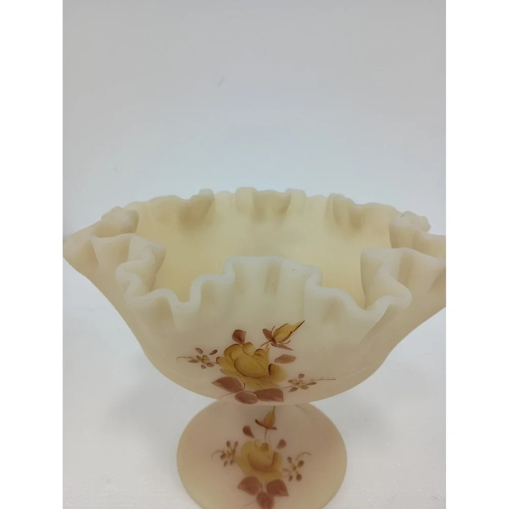 VTG Fenton Pedestal Compote Bowl Yellow Burmese Glass Hand Painted Roses